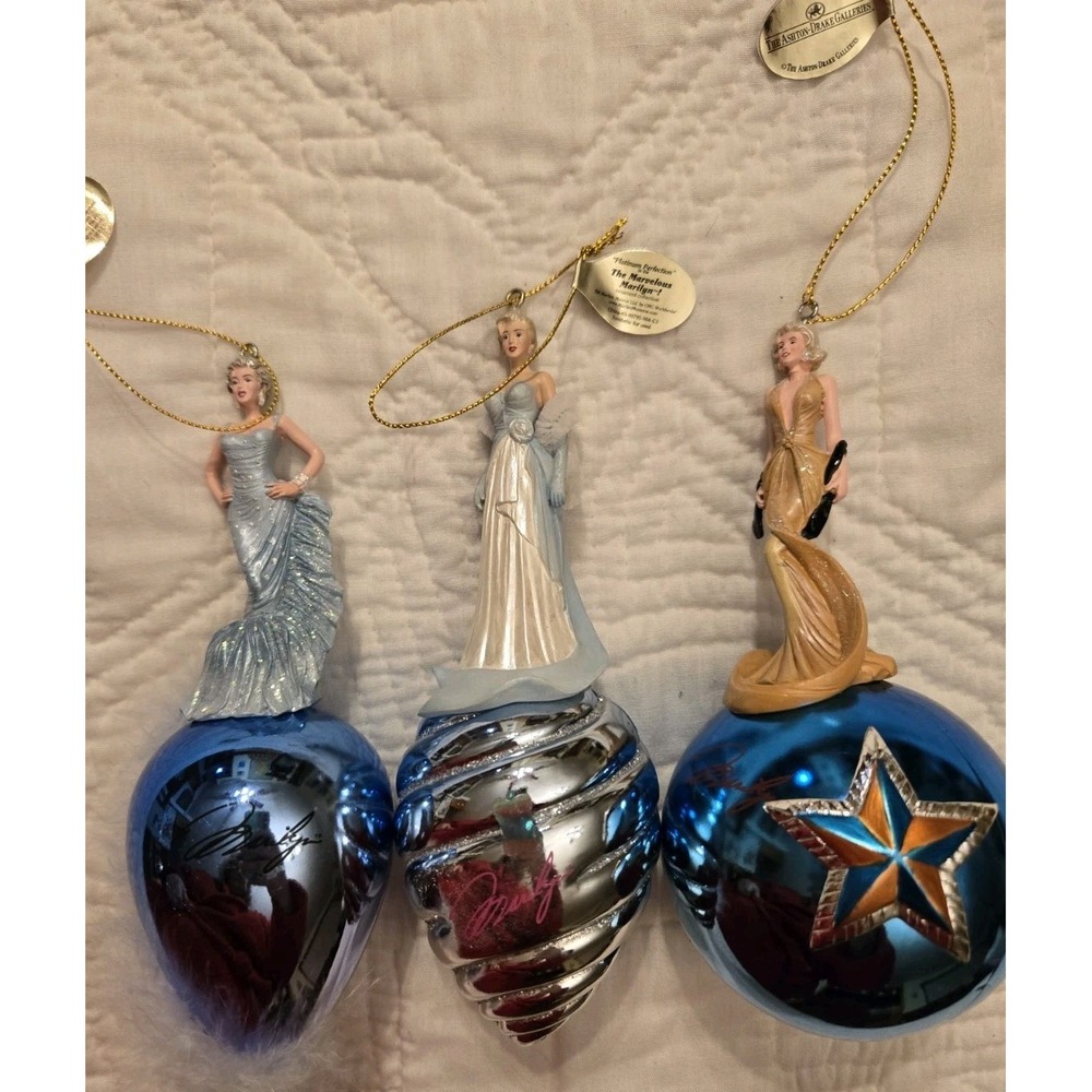 The Ashton Drake Marvelous Marilyn Monroe Ornaments Set of 3 Blue Gold Dresses